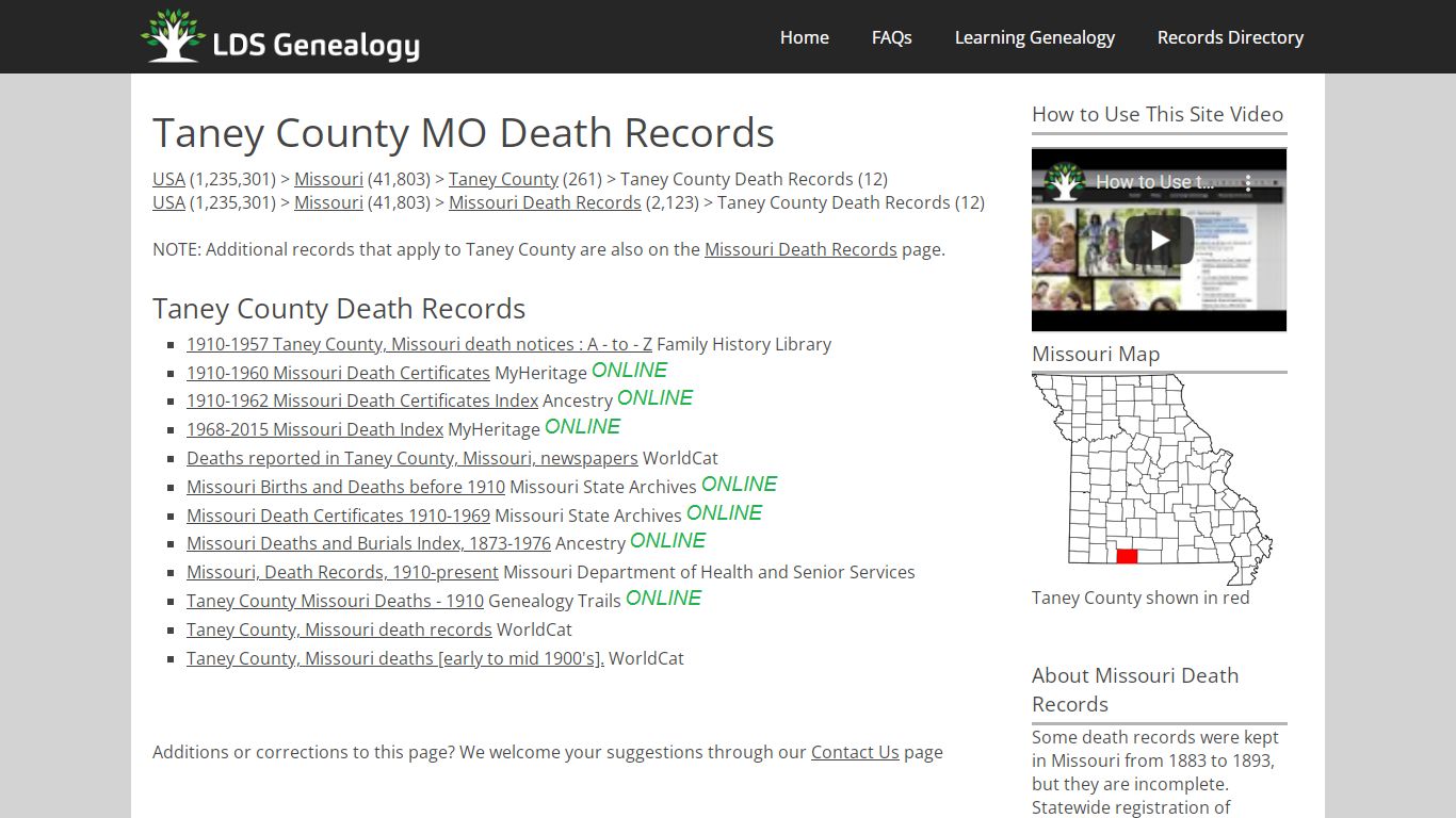 Taney County MO Death Records - LDS Genealogy