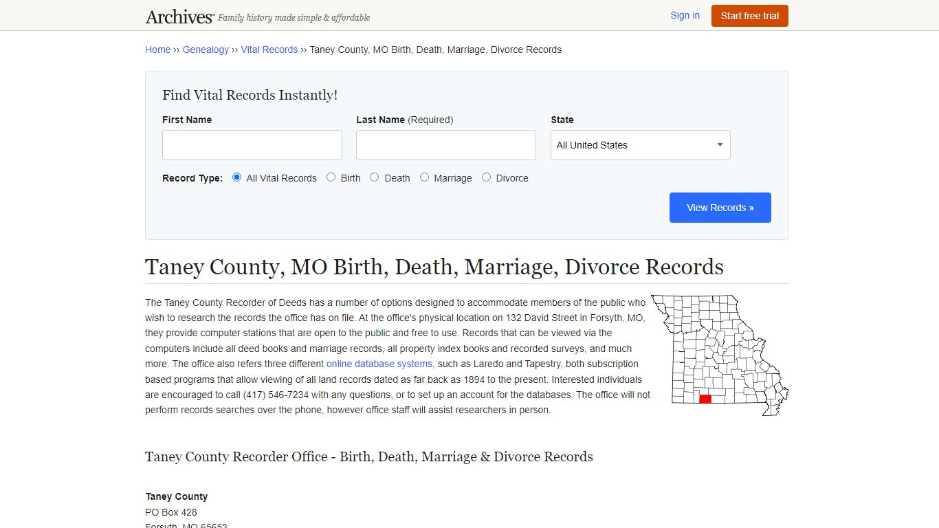 Taney County, MO Birth, Death, Marriage, Divorce Records